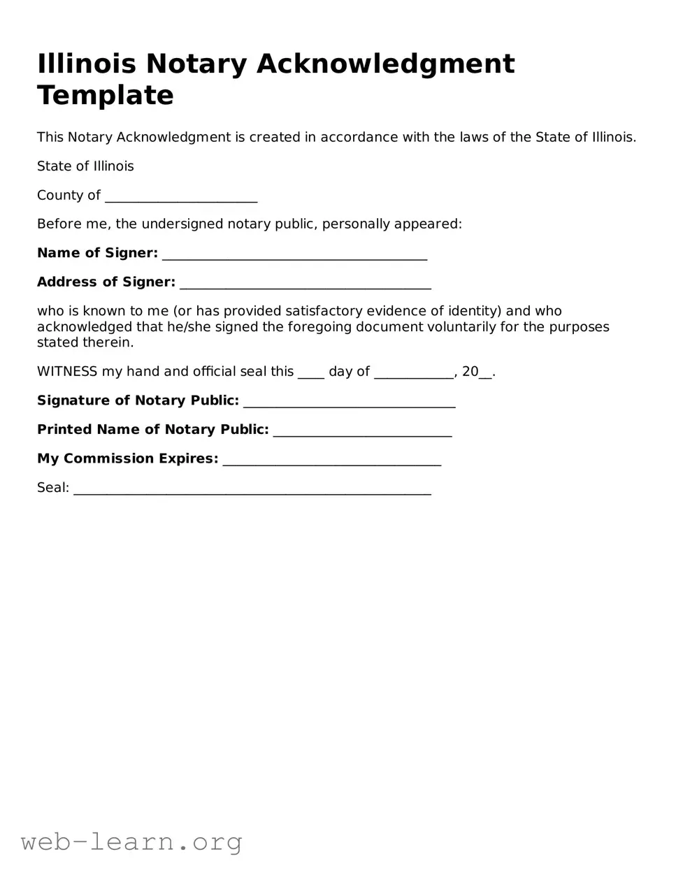 Attorney-Approved Notary Acknowledgement Document for the State of Illinois