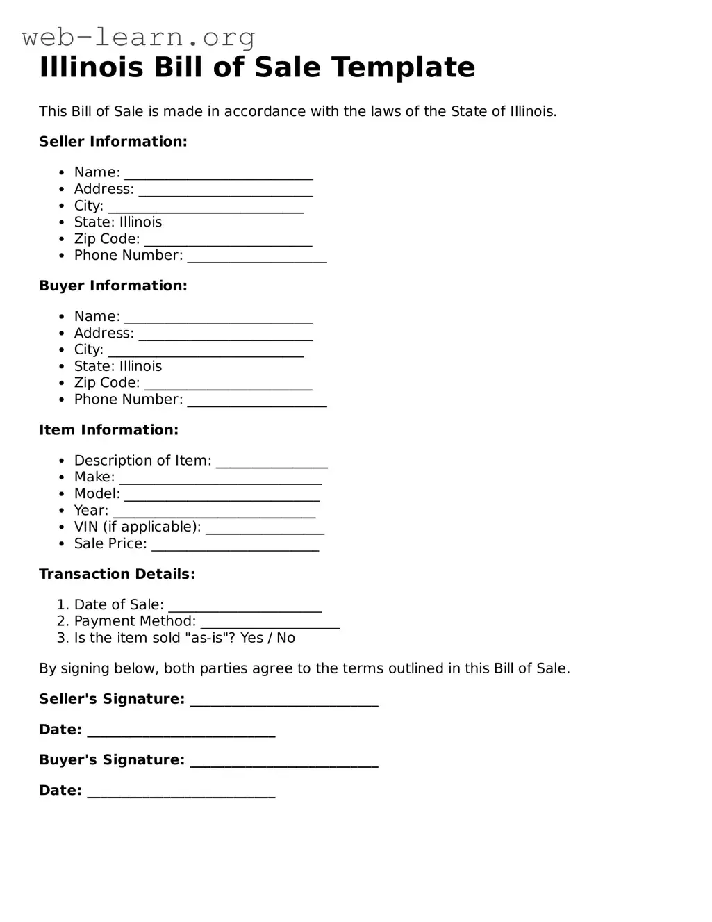 Attorney-Approved Bill of Sale Document for the State of Illinois