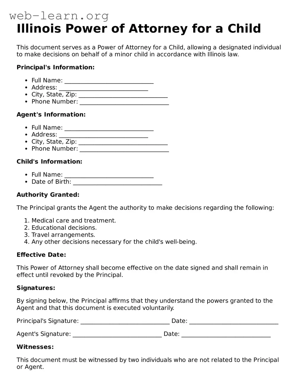 Attorney-Approved Power of Attorney for a Child Document for the State of Illinois