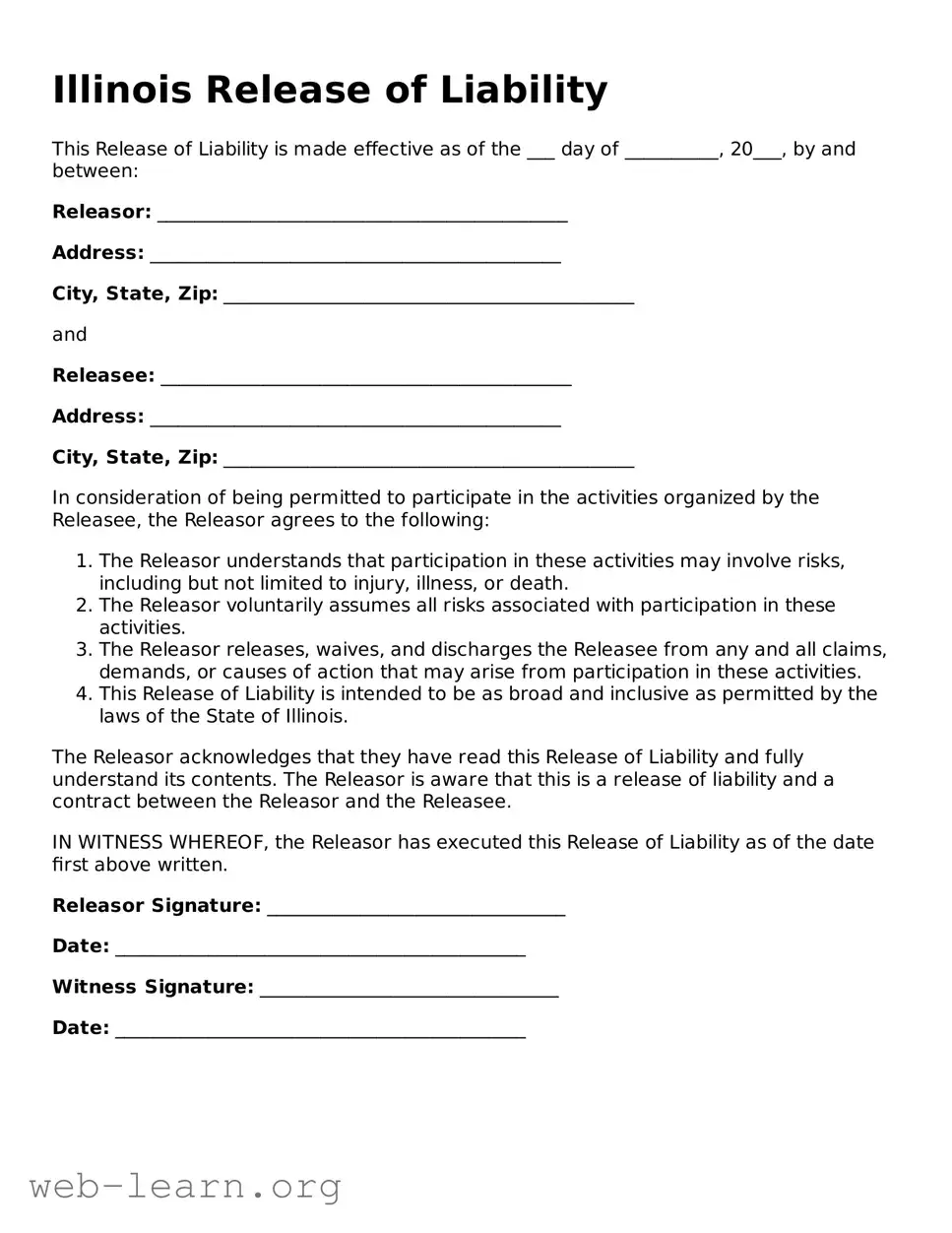 Attorney-Approved Release of Liability Document for the State of Illinois