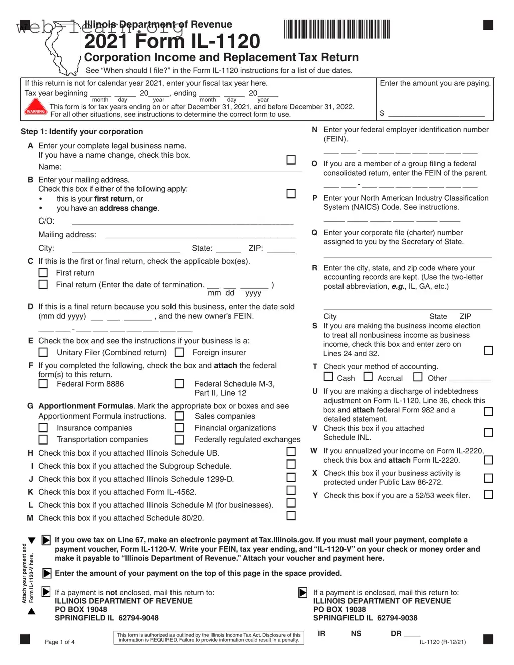 Blank Illinois 1120 Form