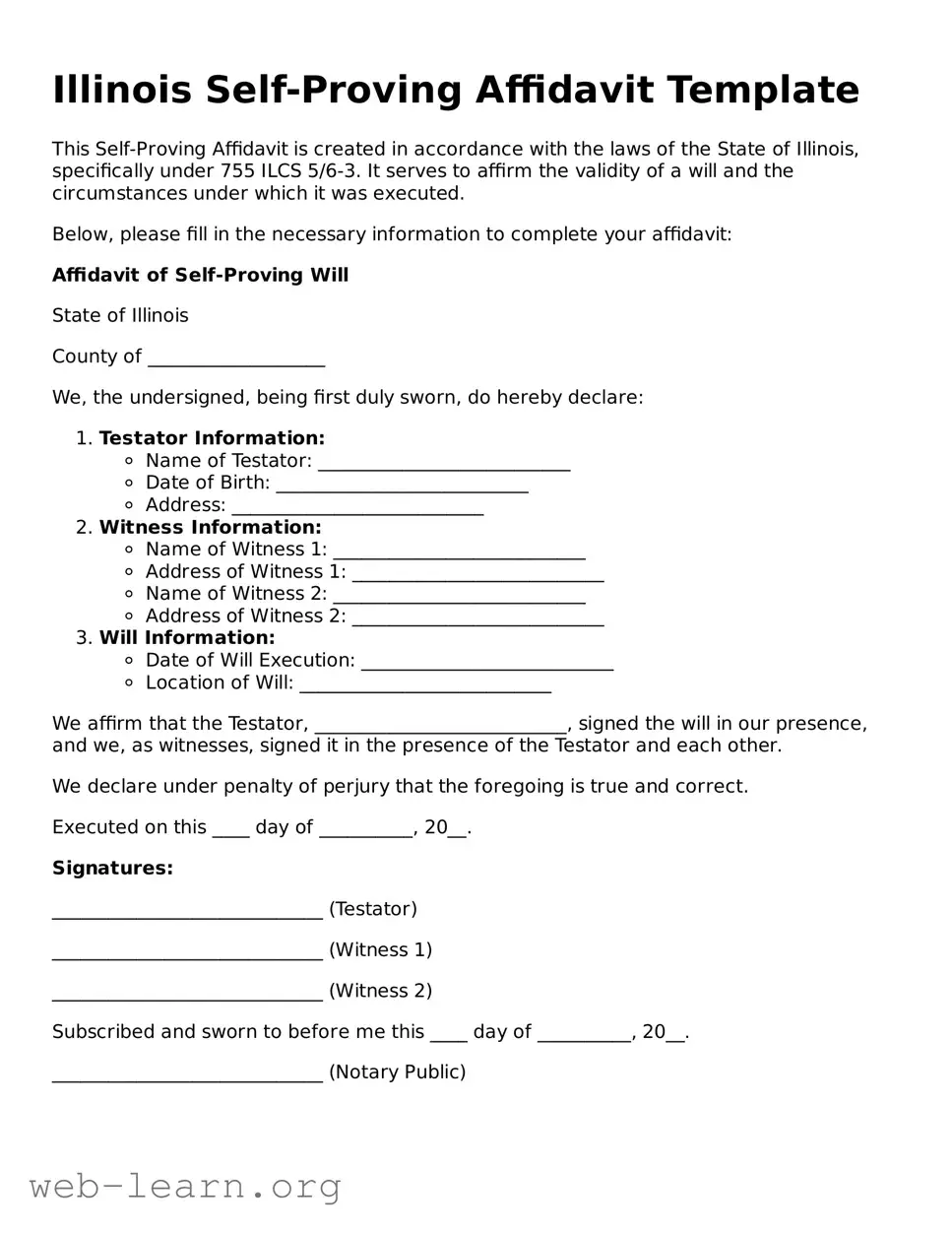 Attorney-Approved Self-Proving Affidavit Document for the State of Illinois