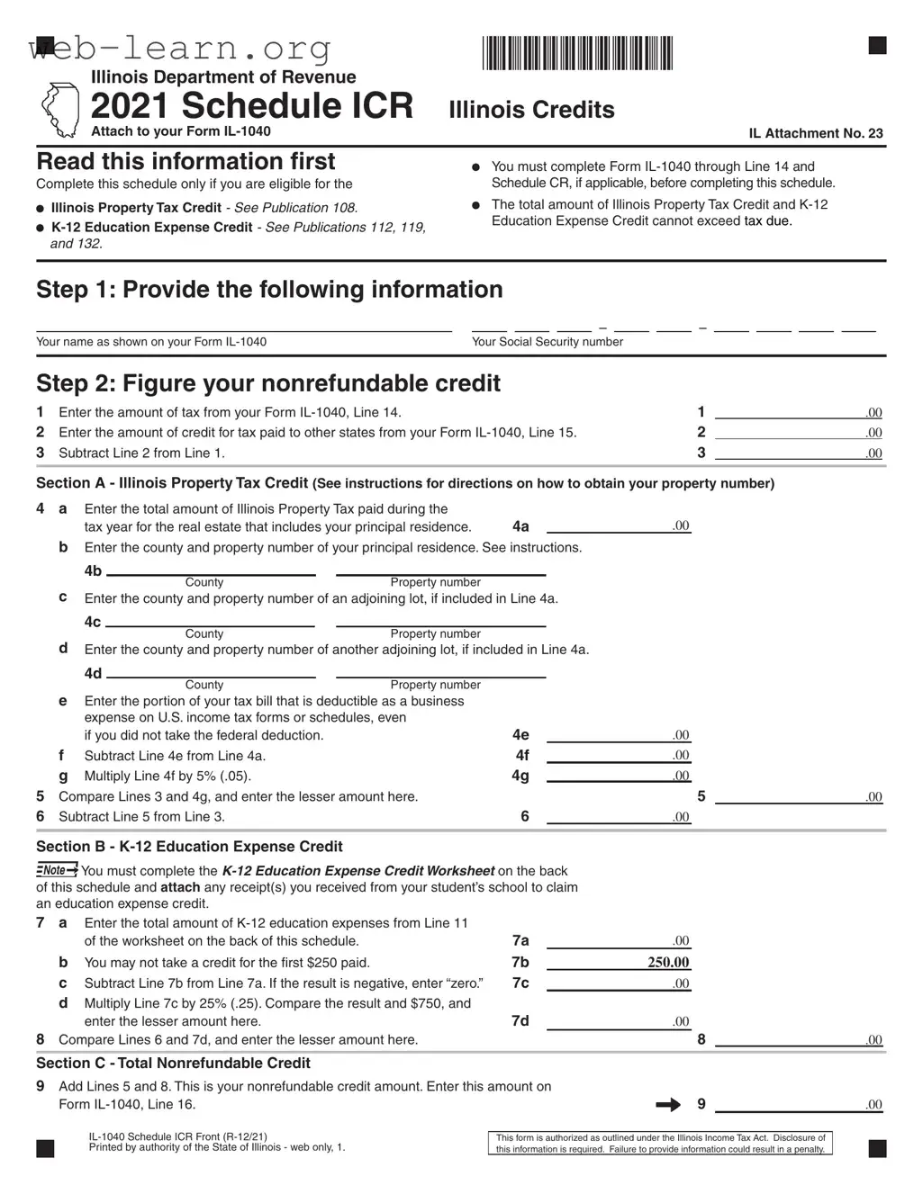 Blank 2015 Illinois Schedule Icr Form