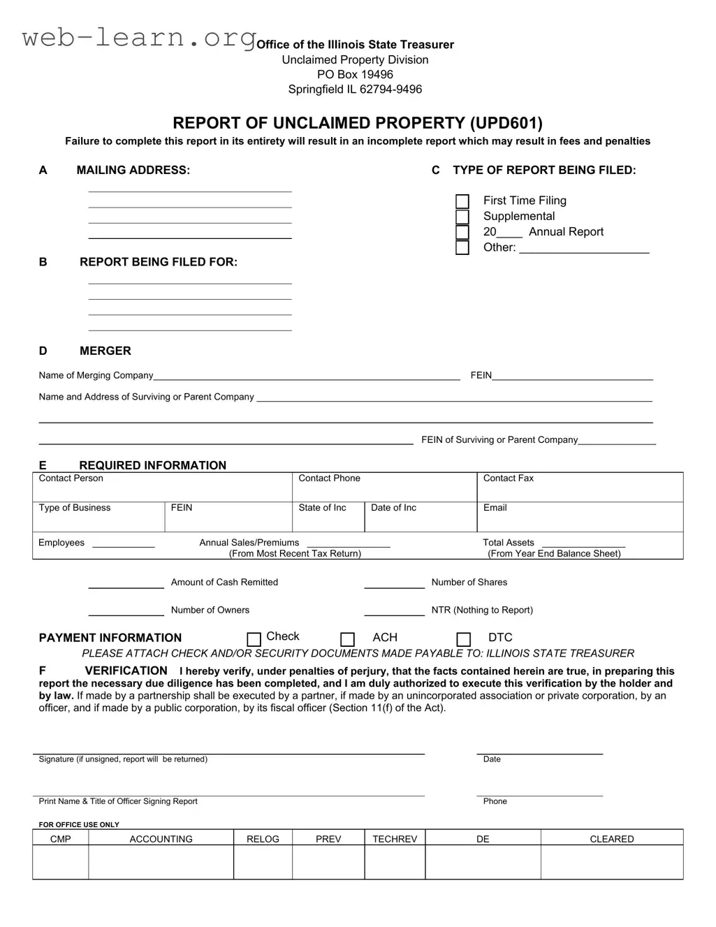 Blank Illinois Unclaimed Property Reporting Form