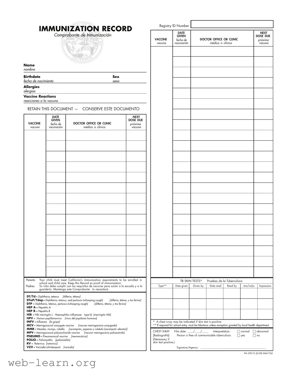 Blank Immunization Record Form