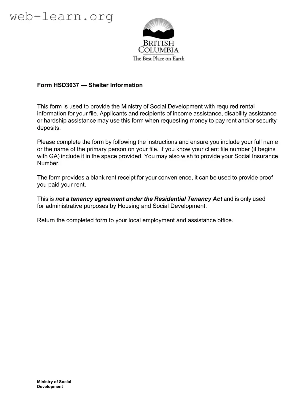 Blank Bc Shelter Information Form