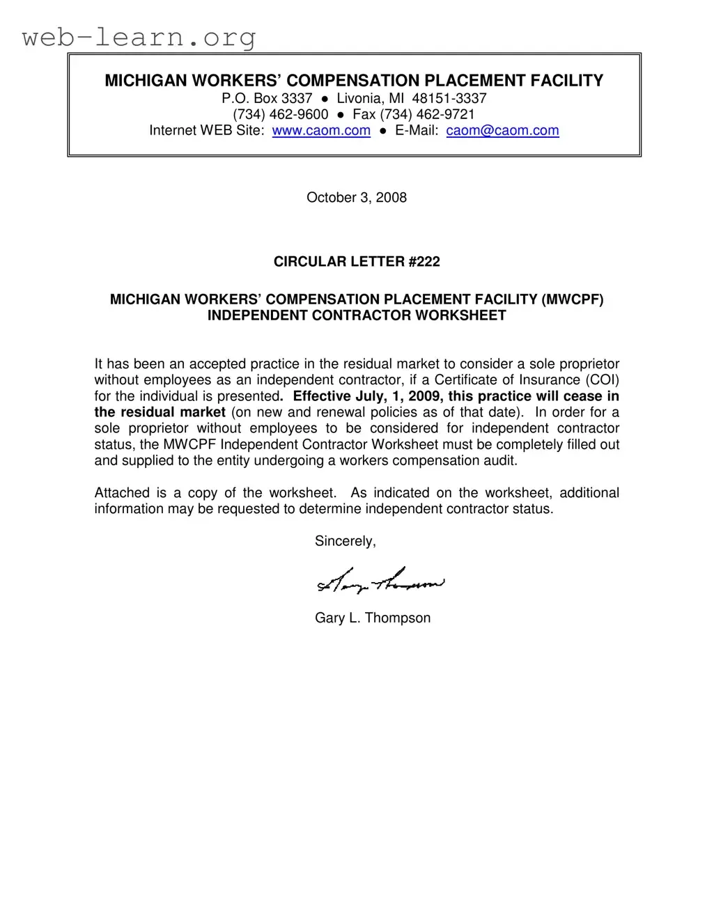 Blank Michigan Workers Independent Contractor Worksheet Form