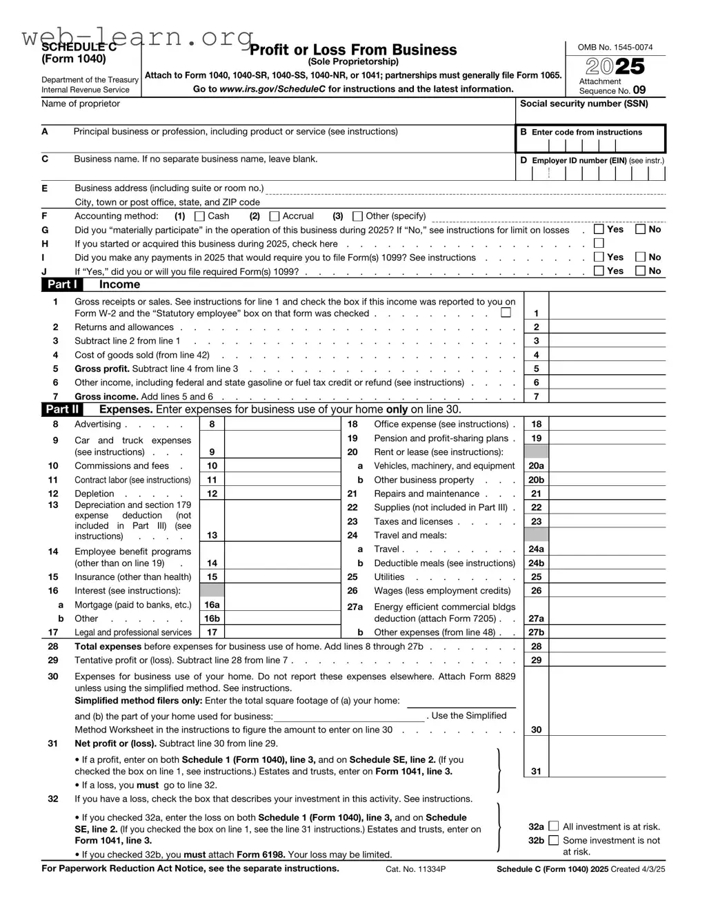 Blank IRS Schedule C 1040 Form