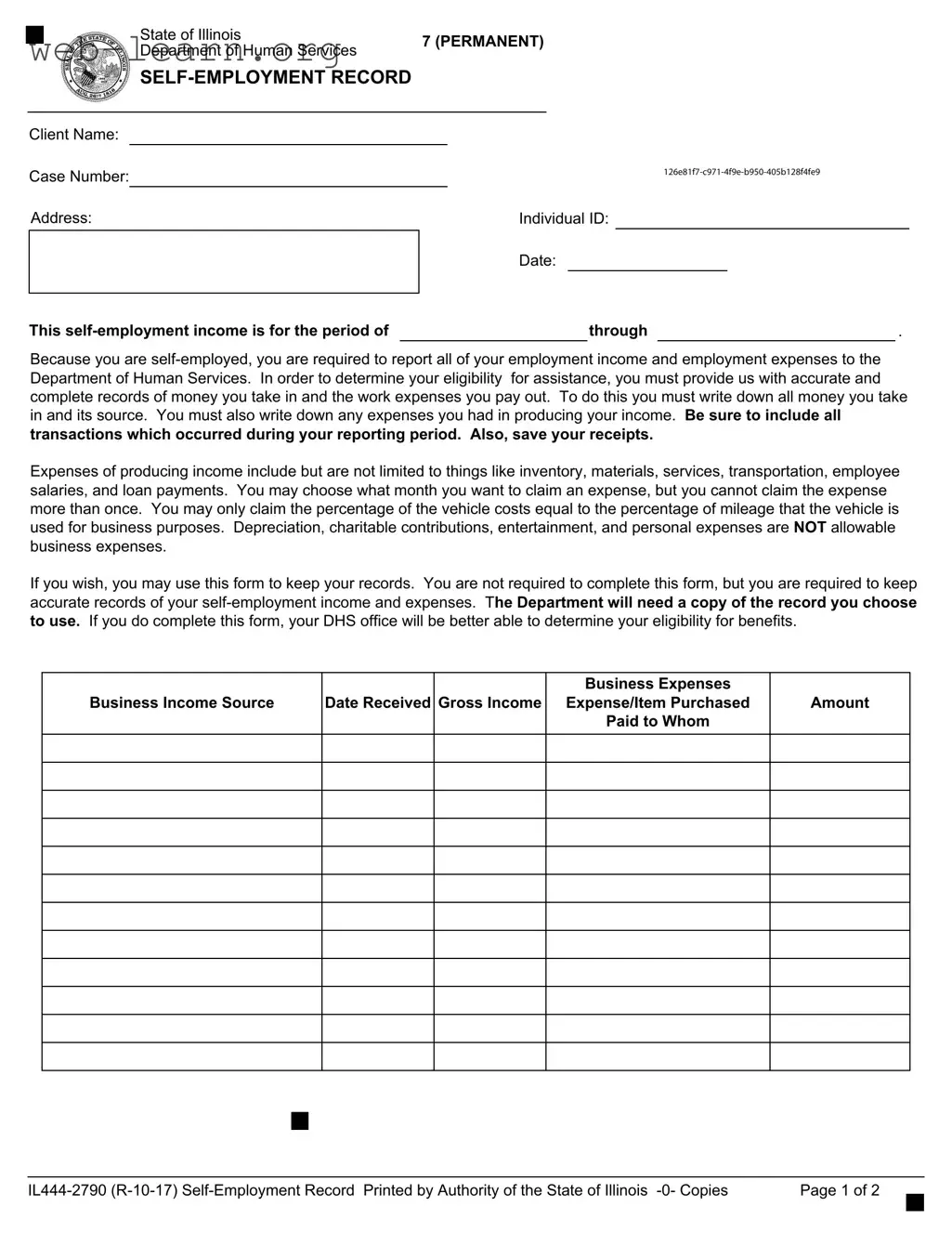 Blank Il 444 2790 Self Employment Record Form