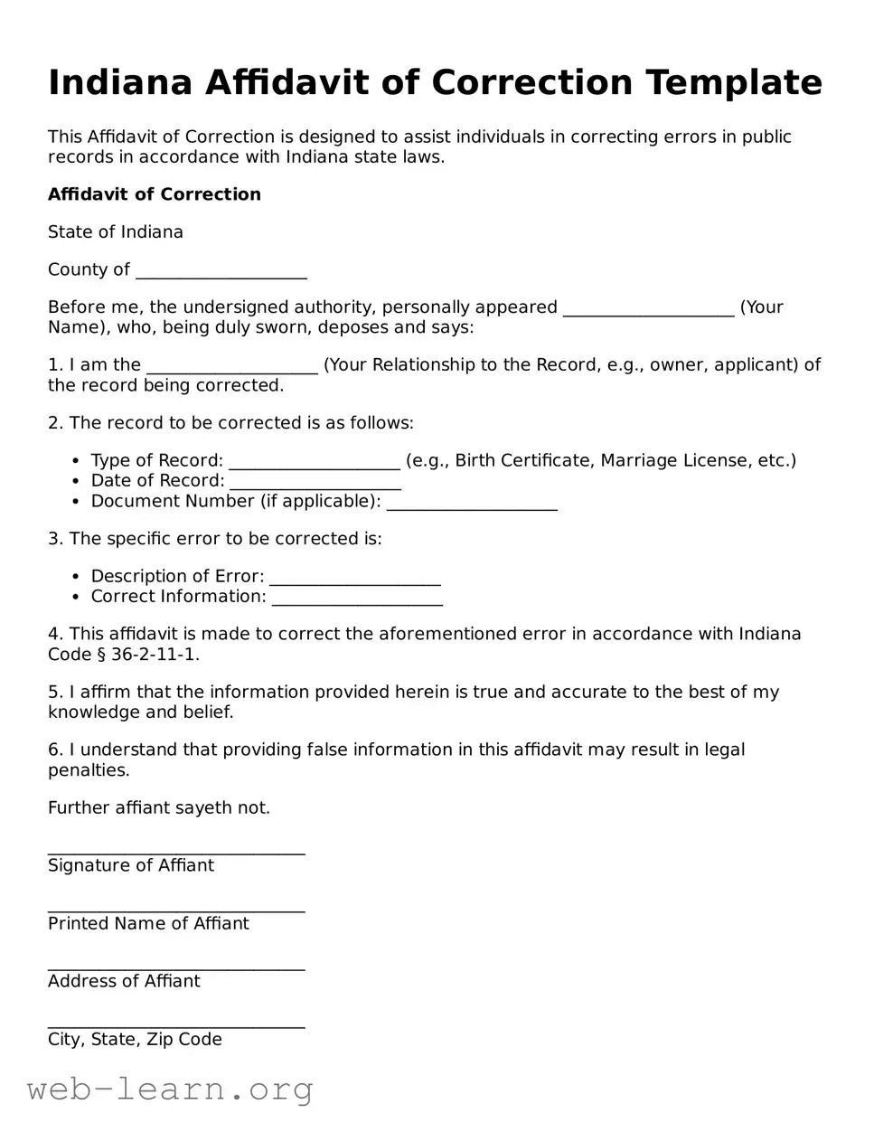 Attorney-Approved Affidavit of Correction Document for the State of Indiana