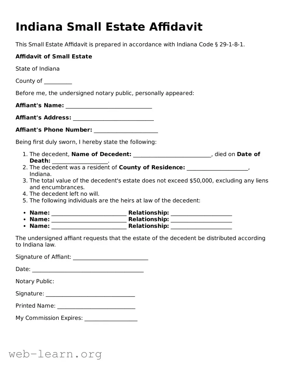 Attorney-Approved Small Estate Affidavit Document for the State of Indiana
