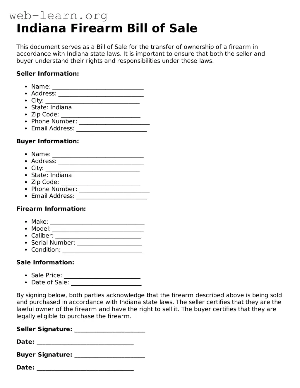 Attorney-Approved Firearm Bill of Sale Document for the State of Indiana