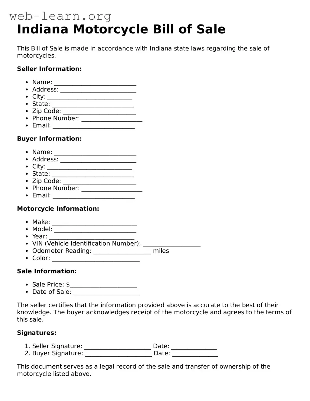 Attorney-Approved Motorcycle Bill of Sale Document for the State of Indiana