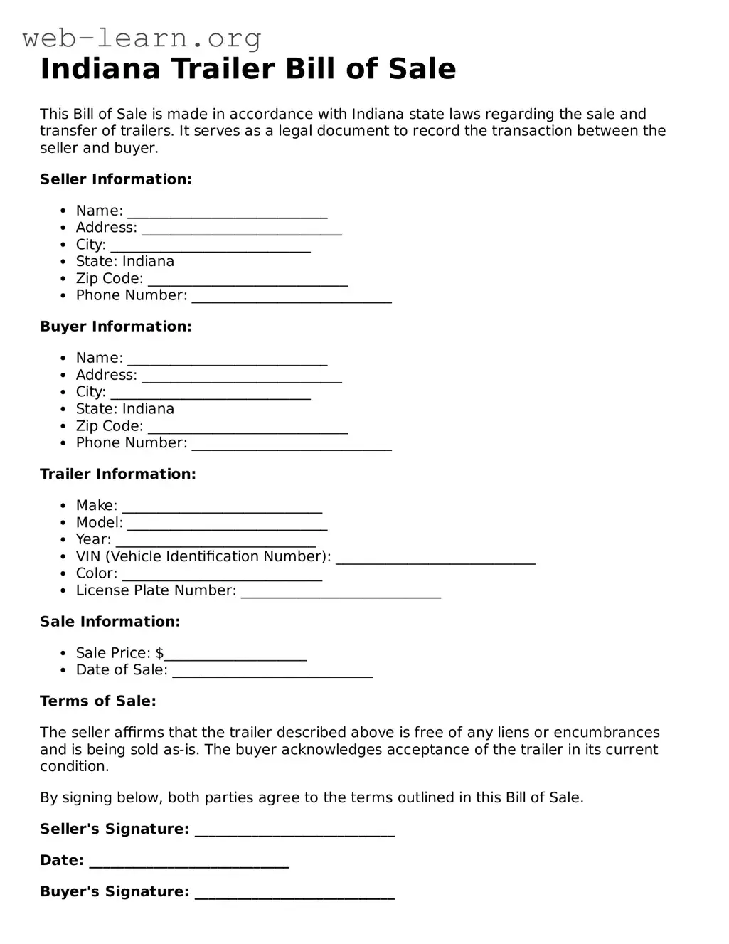 Attorney-Approved Trailer Bill of Sale Document for the State of Indiana