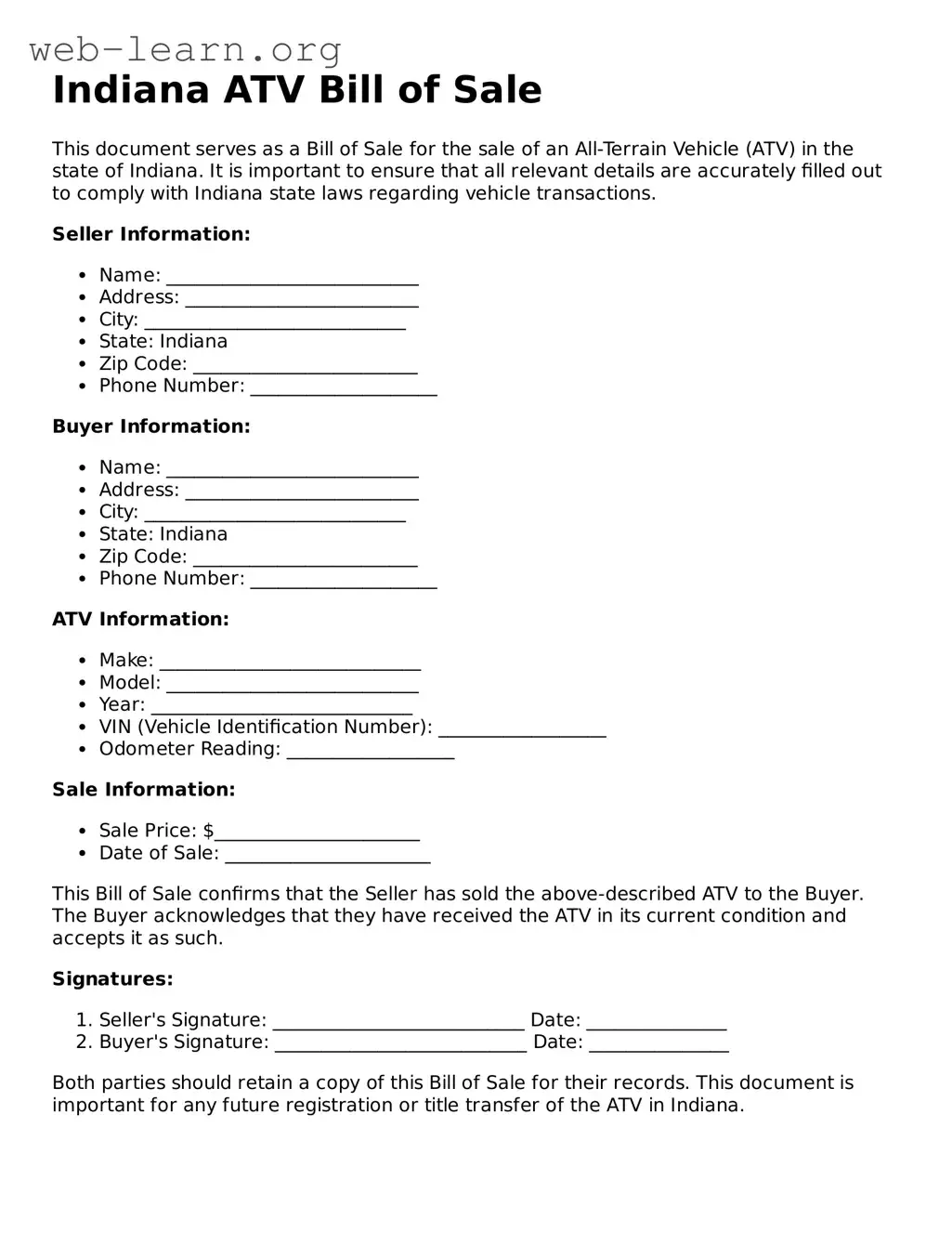 Attorney-Approved ATV Bill of Sale Document for the State of Indiana