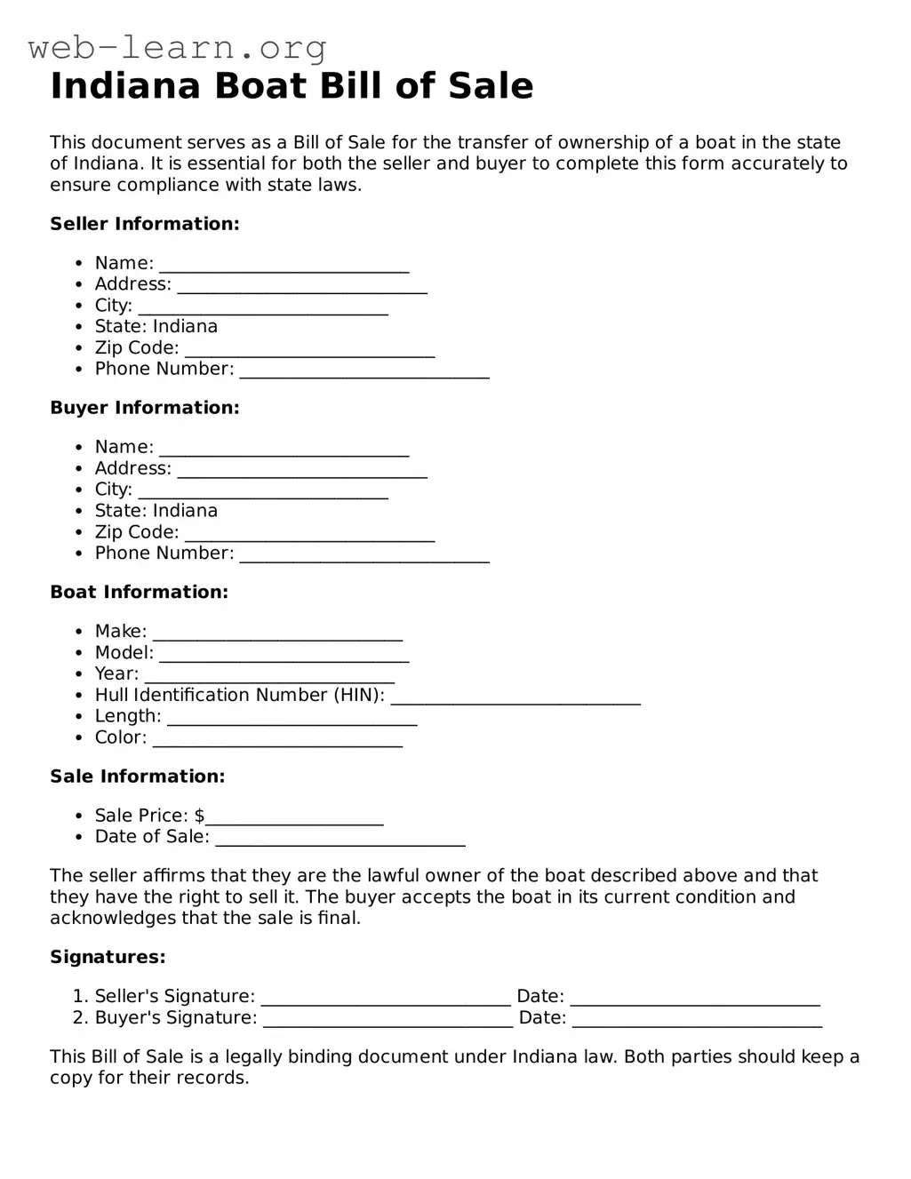 Attorney-Approved Boat Bill of Sale Document for the State of Indiana