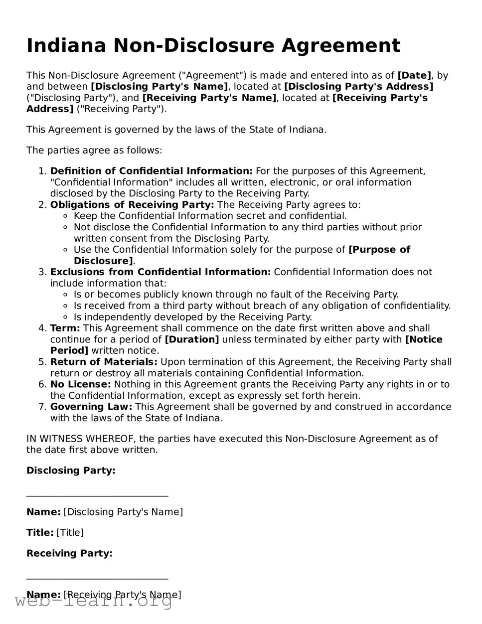 Attorney-Approved Non-disclosure Agreement Document for the State of Indiana