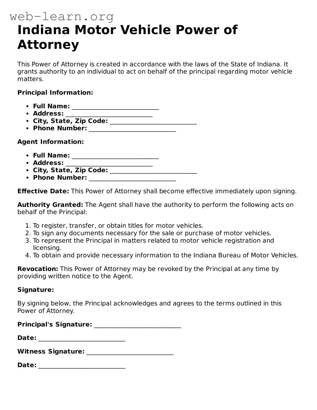 Attorney-Approved Motor Vehicle Power of Attorney Document for the State of Indiana