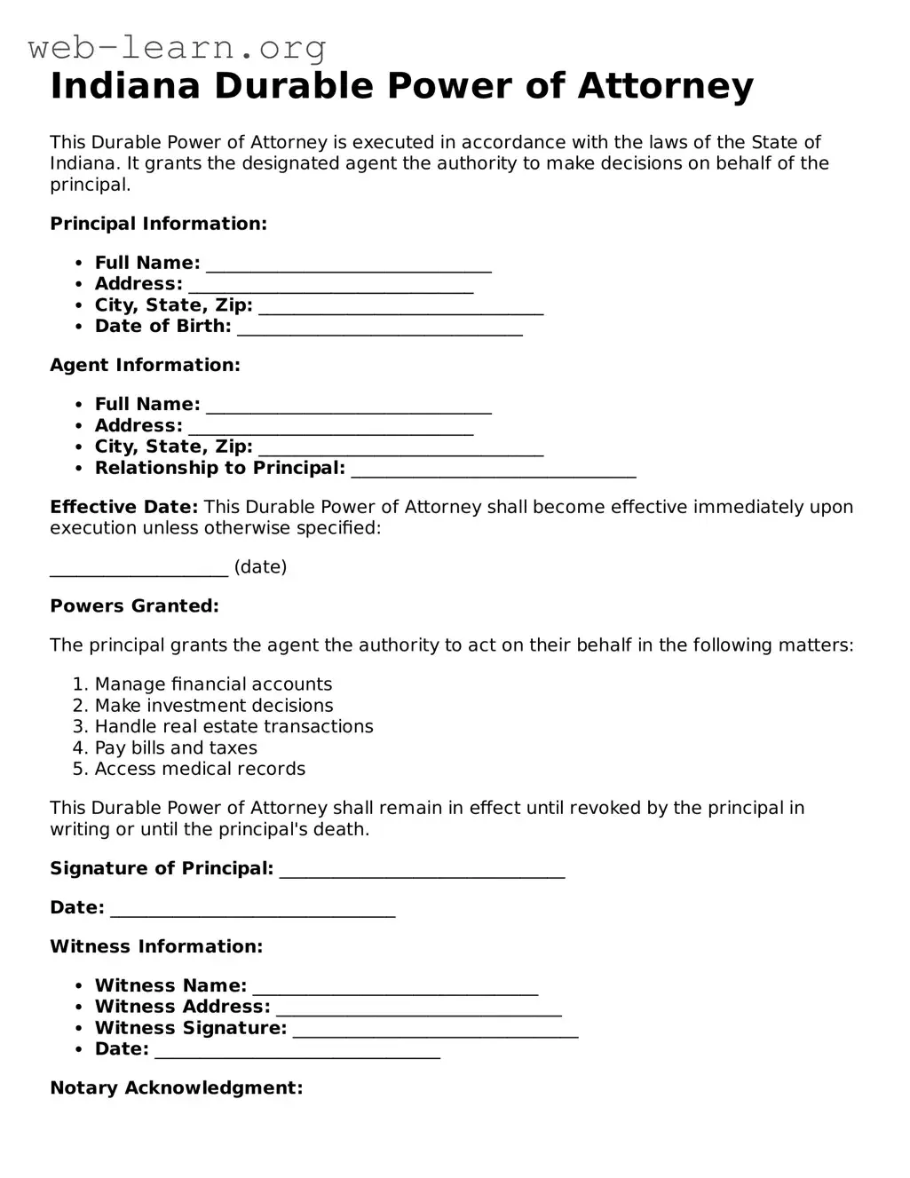 Attorney-Approved Durable Power of Attorney Document for the State of Indiana