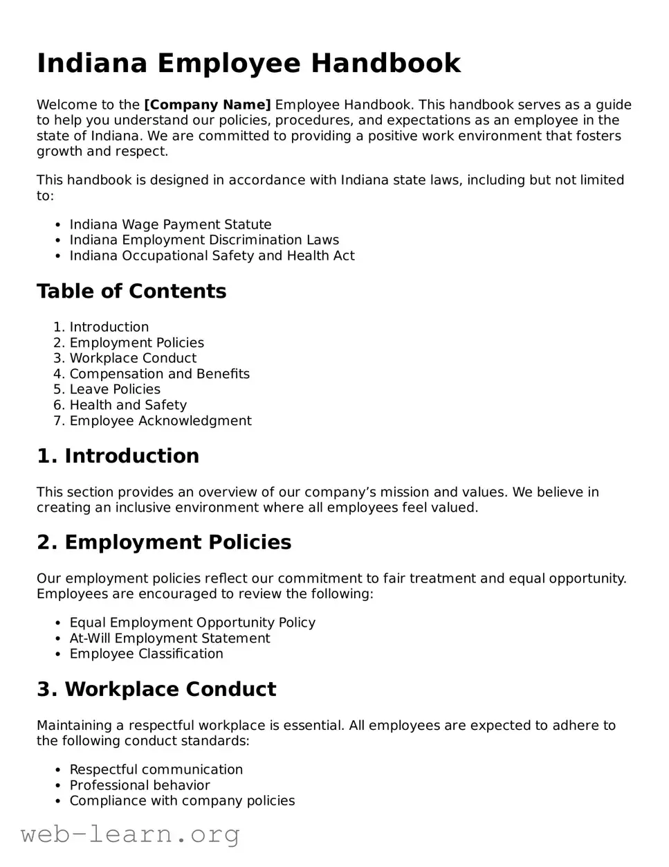 Attorney-Approved Employee Handbook Document for the State of Indiana