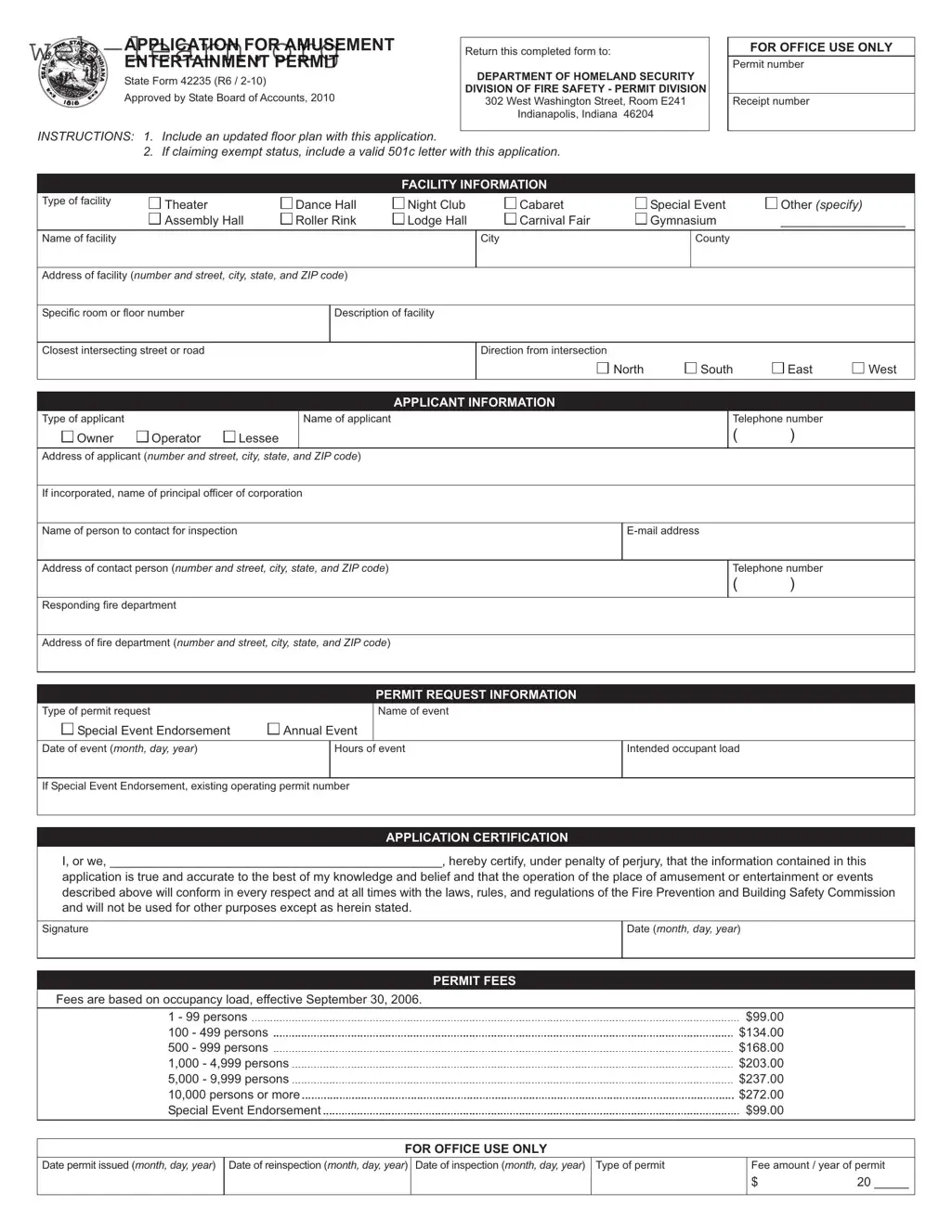 Blank Indiana Entertainment Permit Form