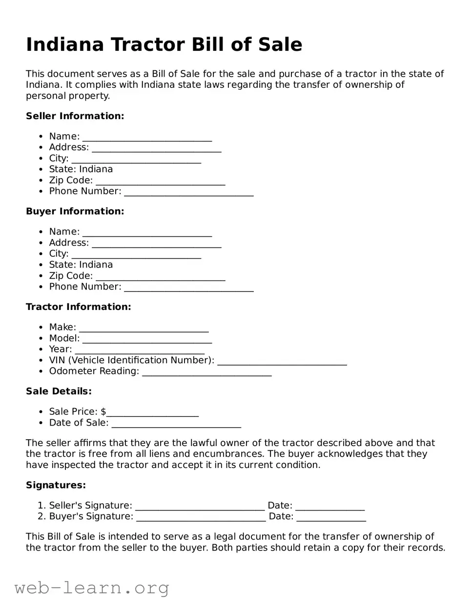 Attorney-Approved Tractor Bill of Sale Document for the State of Indiana