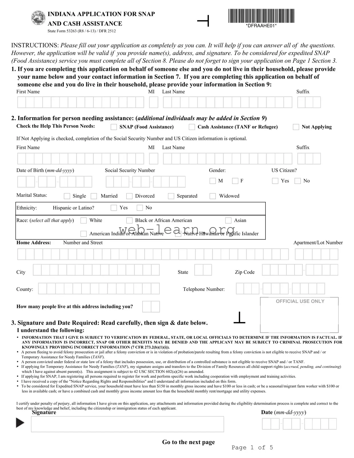 Blank State 53263 Indiana Form