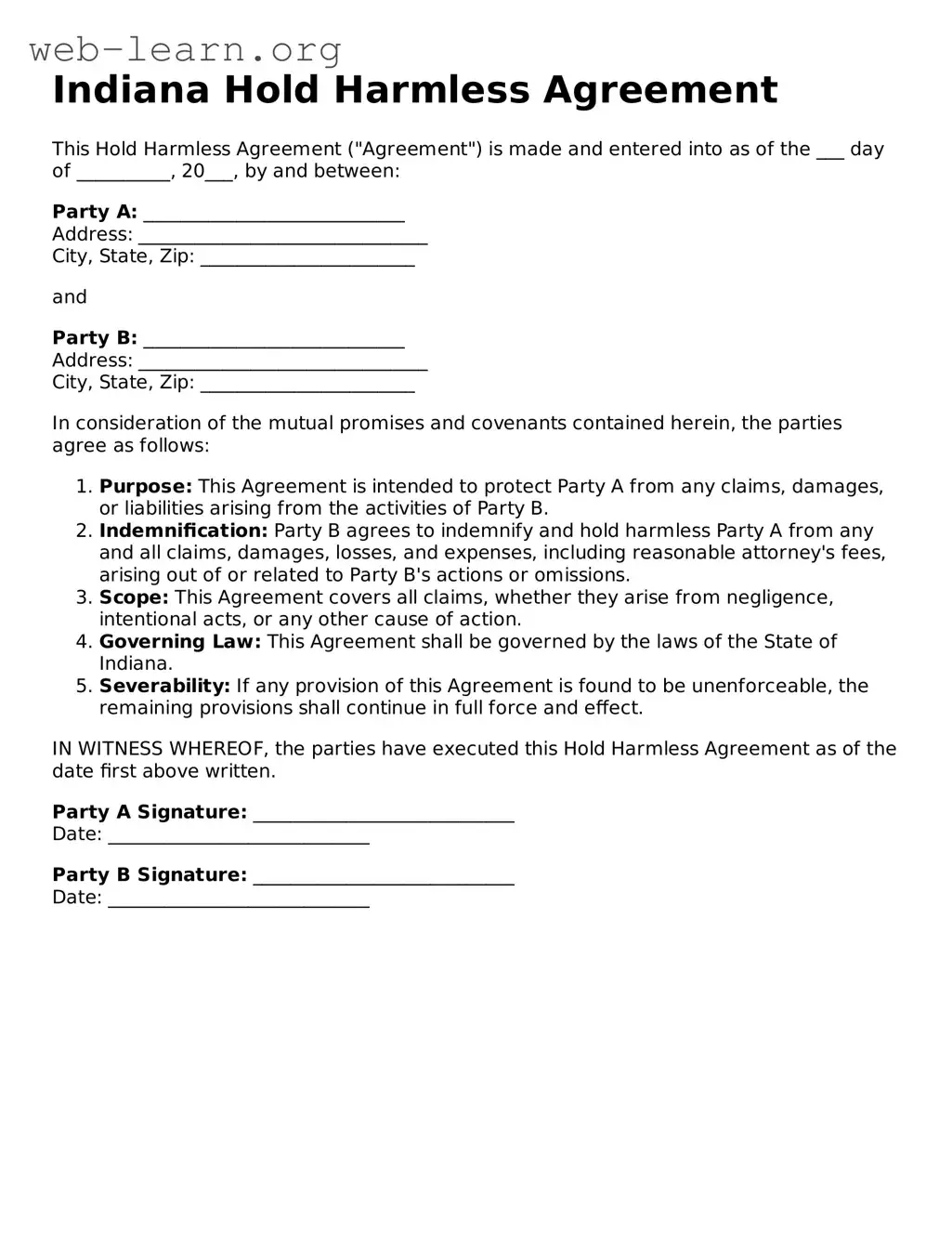 Attorney-Approved Hold Harmless Agreement Document for the State of Indiana