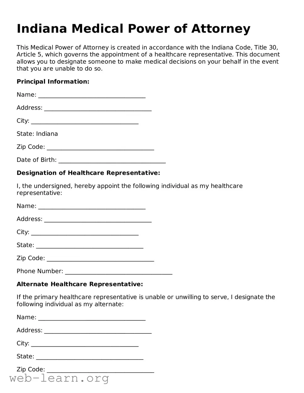 Attorney-Approved Medical Power of Attorney Document for the State of Indiana
