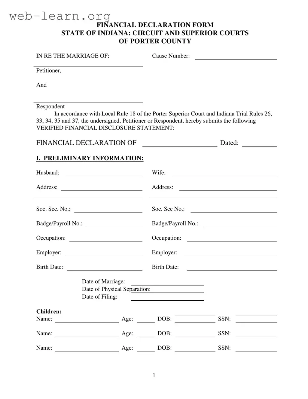 Blank Indiana Financial Form