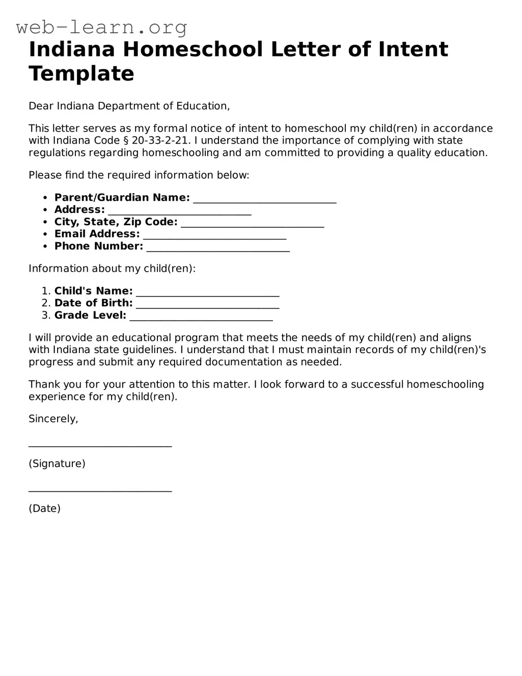 Attorney-Approved Homeschool Letter of Intent Document for the State of Indiana