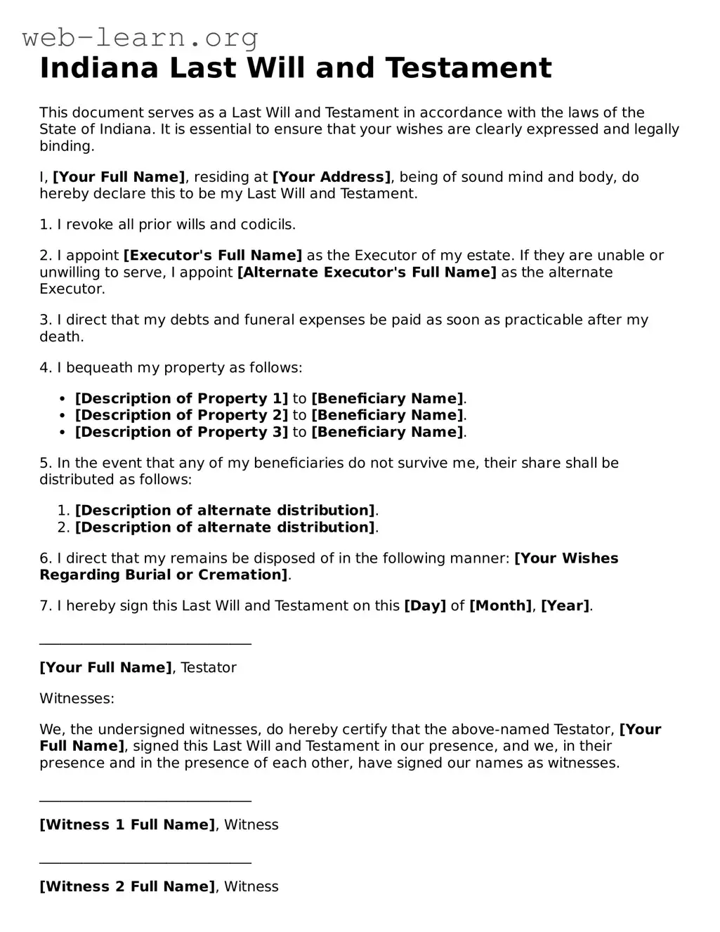 Attorney-Approved Last Will and Testament Document for the State of Indiana