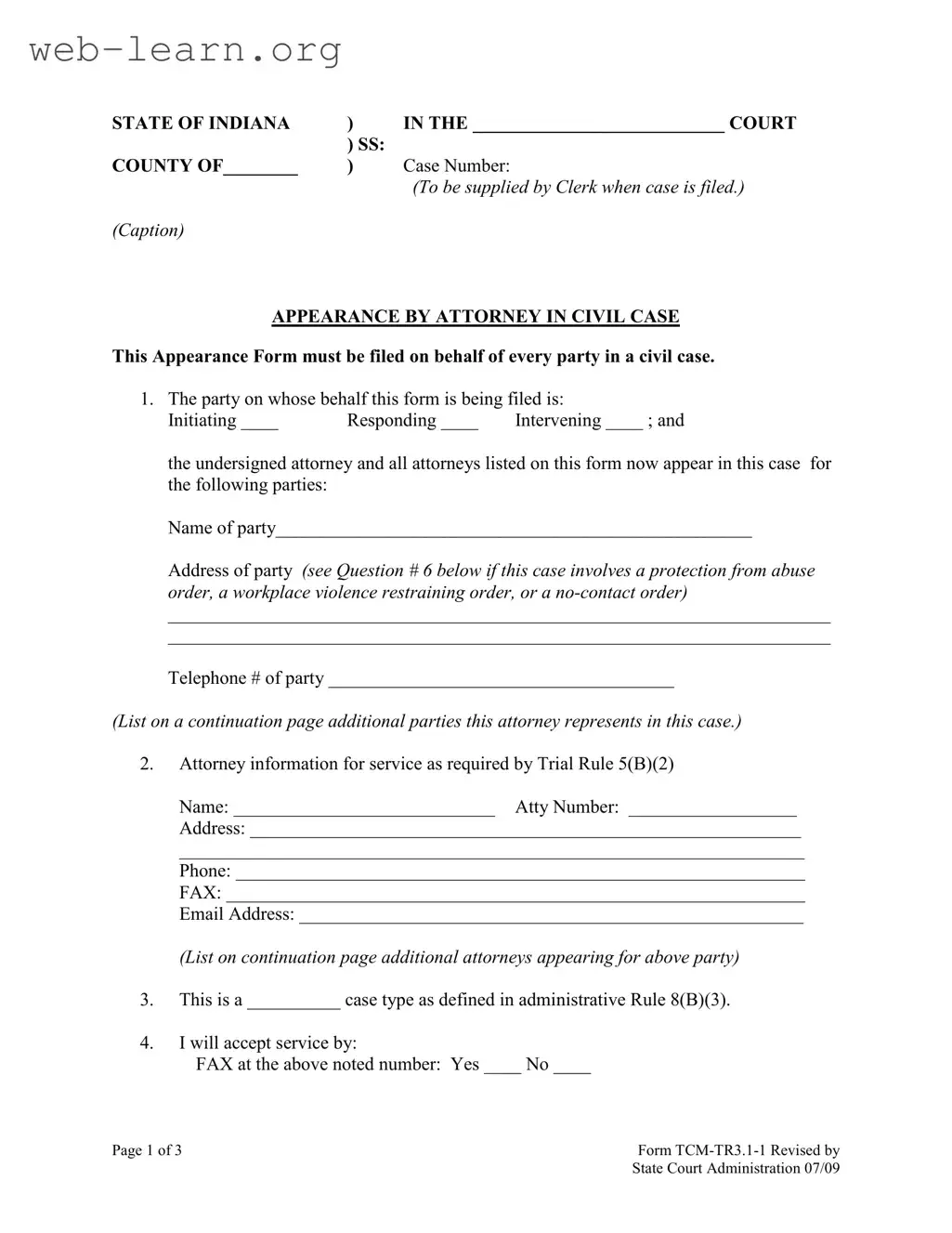 Blank Indiana Appearance Form