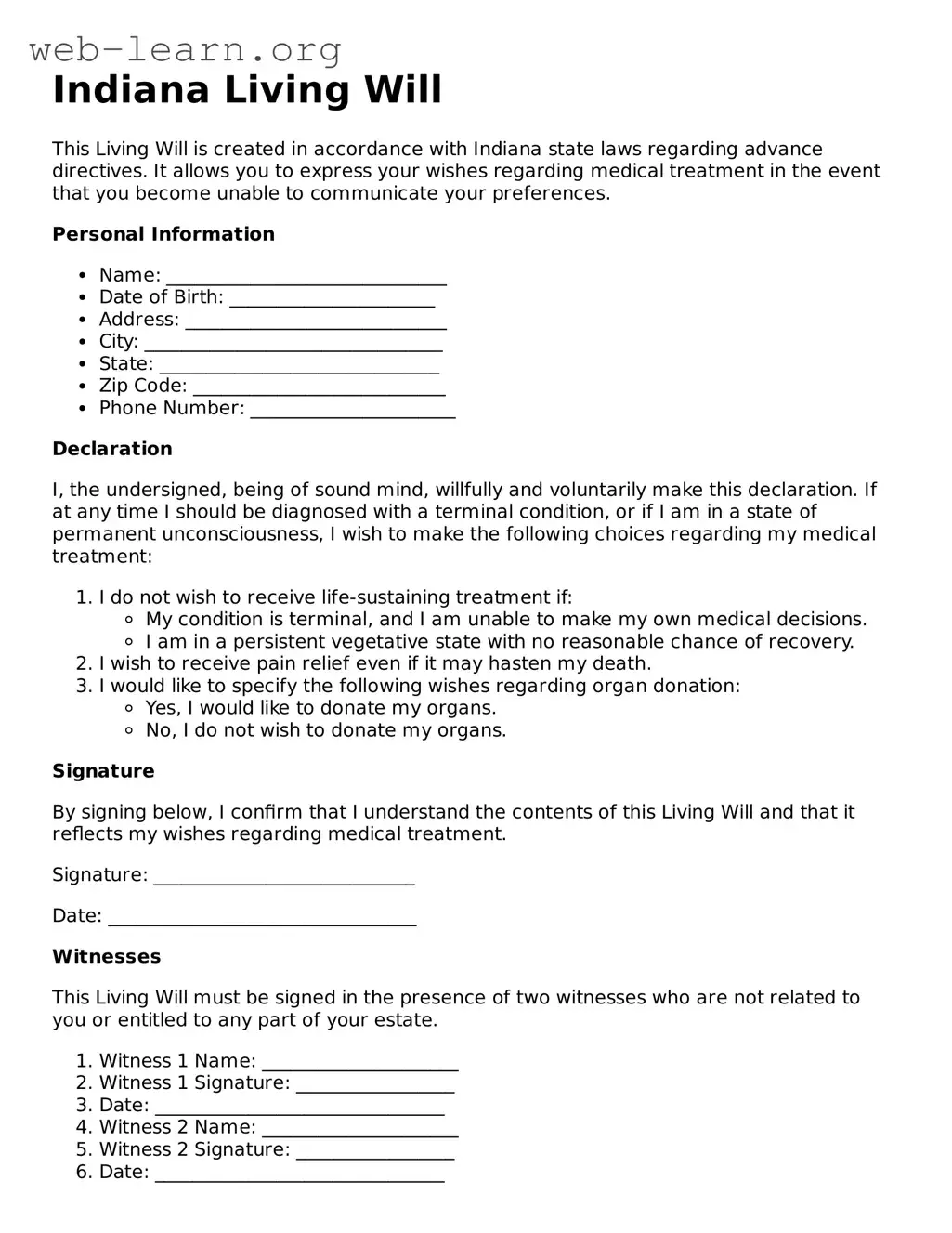 Attorney-Approved Living Will Document for the State of Indiana