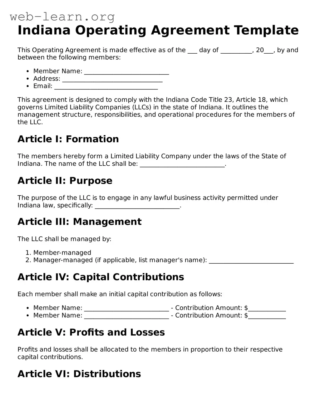 Attorney-Approved Operating Agreement Document for the State of Indiana