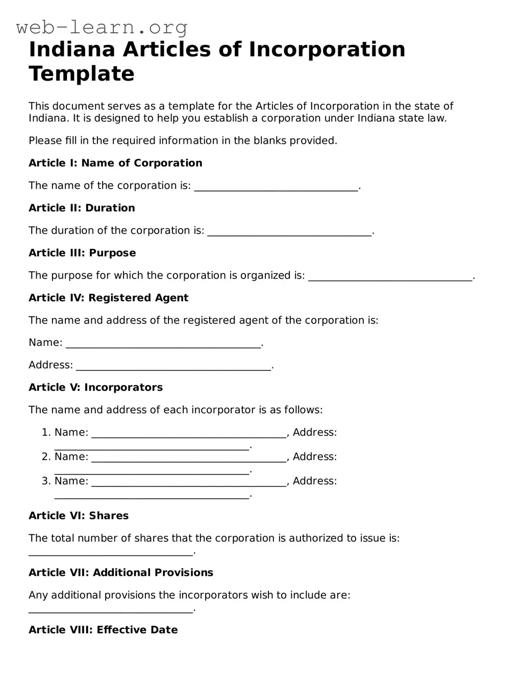 Attorney-Approved Articles of Incorporation Document for the State of Indiana