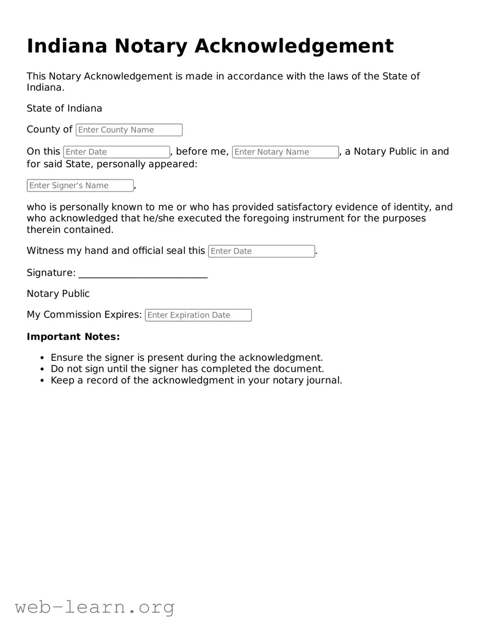 Attorney-Approved Notary Acknowledgement Document for the State of Indiana