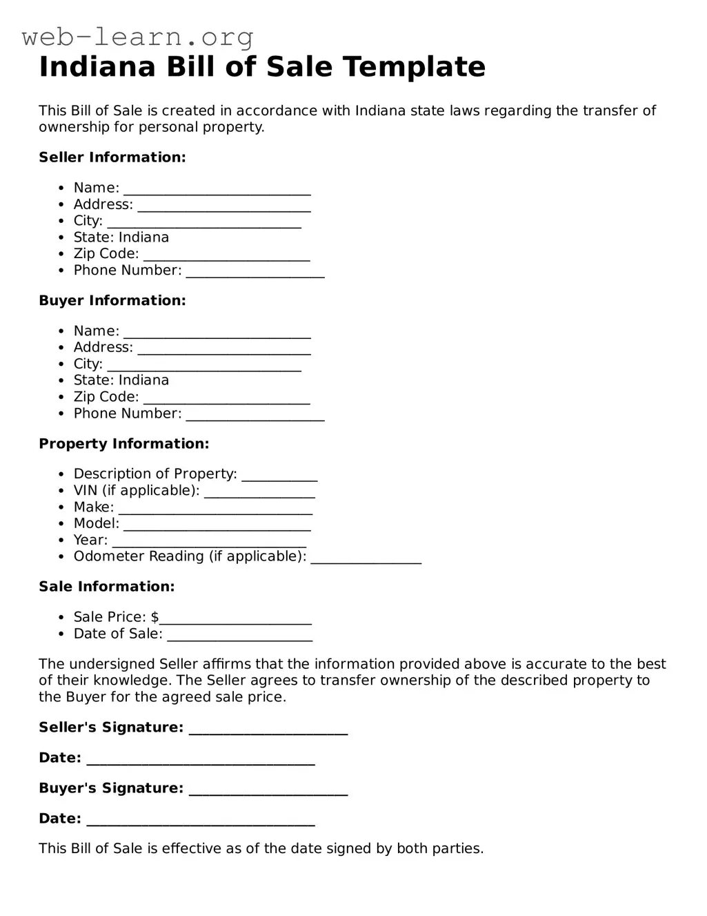 Attorney-Approved Bill of Sale Document for the State of Indiana