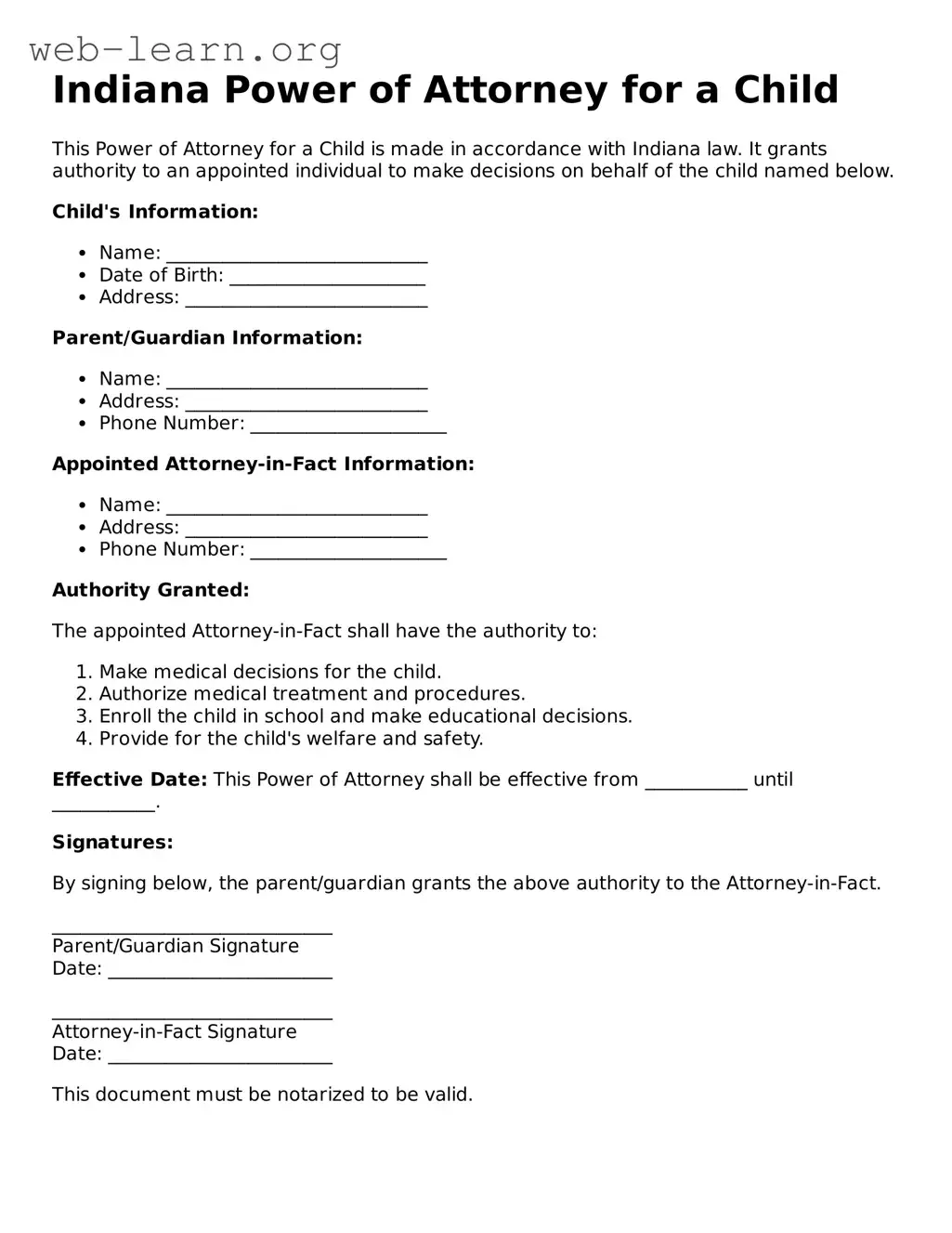 Attorney-Approved Power of Attorney for a Child Document for the State of Indiana