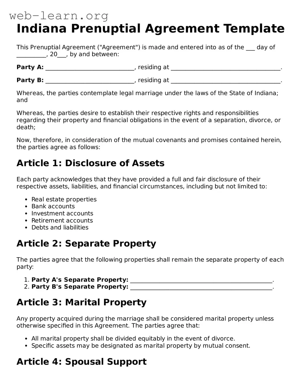 Attorney-Approved Prenuptial Agreement Document for the State of Indiana