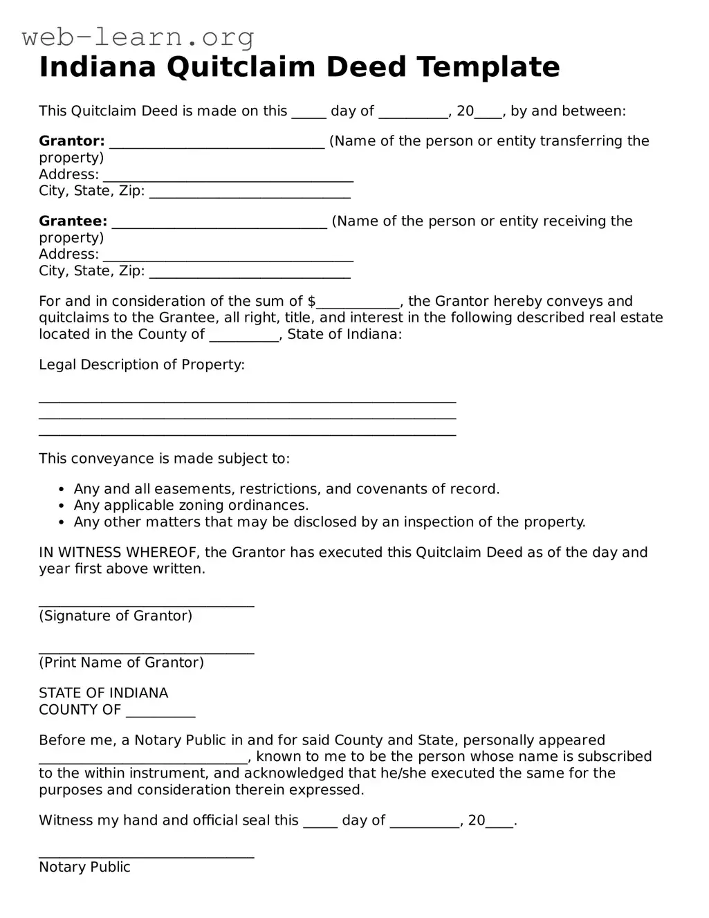 Attorney-Approved Quitclaim Deed Document for the State of Indiana