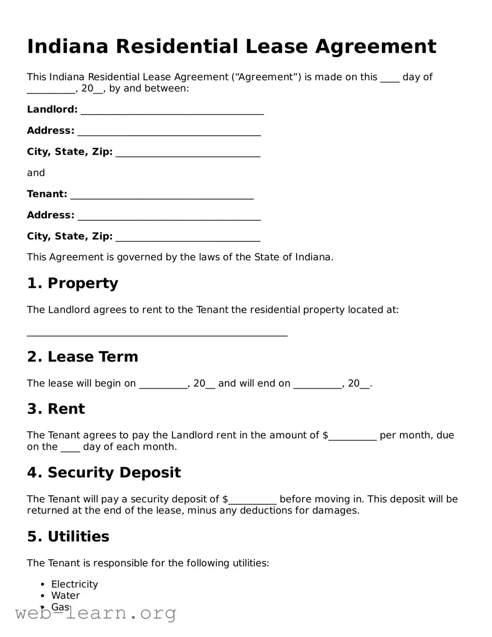 Attorney-Approved Residential Lease Agreement Document for the State of Indiana