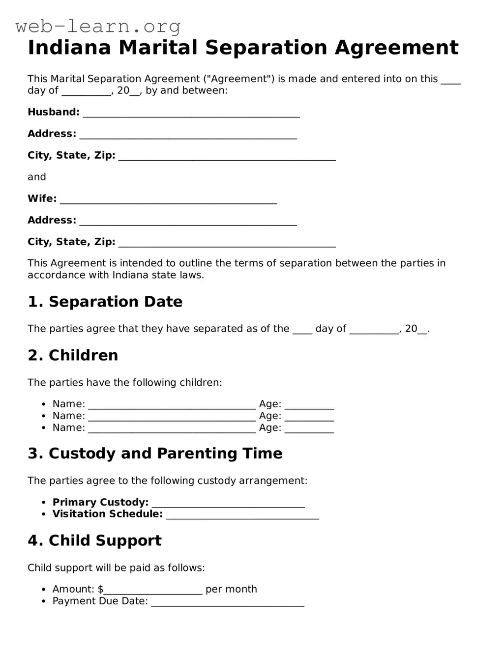 Attorney-Approved Marital Separation Agreement Document for the State of Indiana