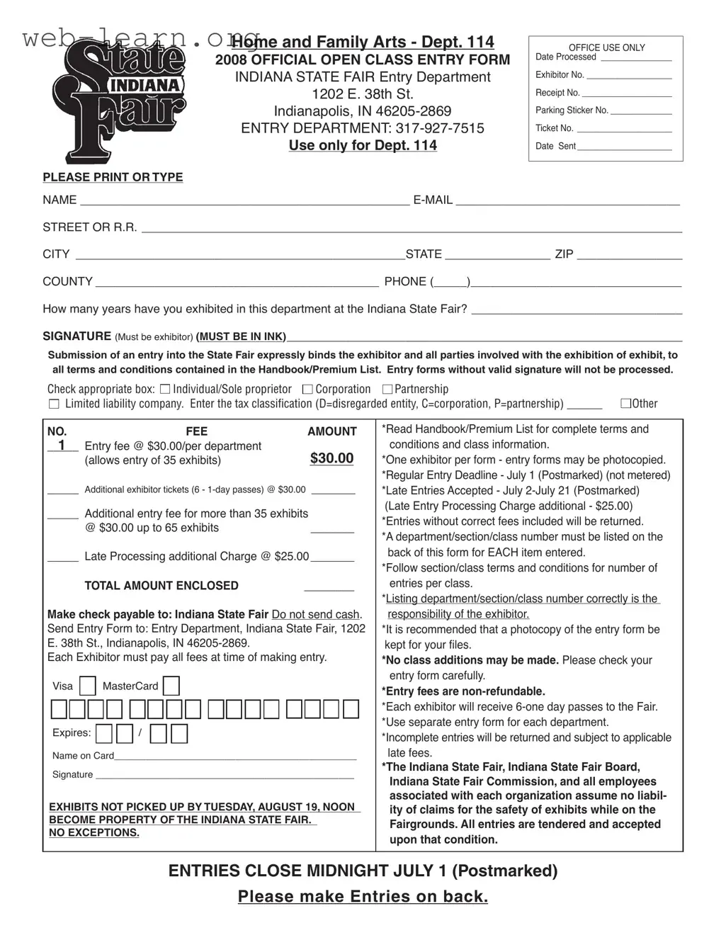 Blank Indiana State Fair Entry Form
