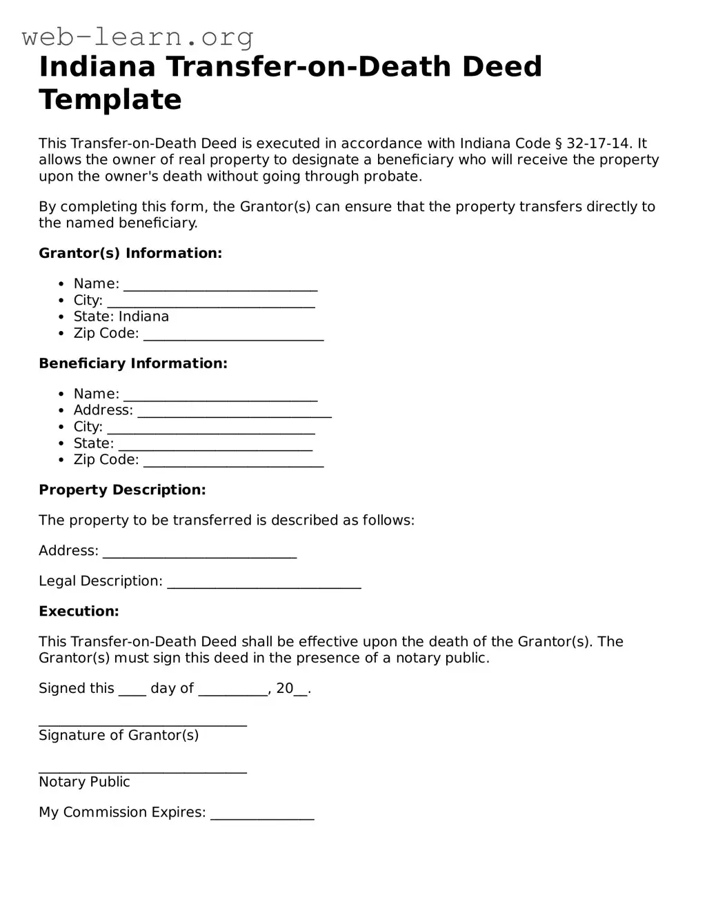 Attorney-Approved Transfer-on-Death Deed Document for the State of Indiana