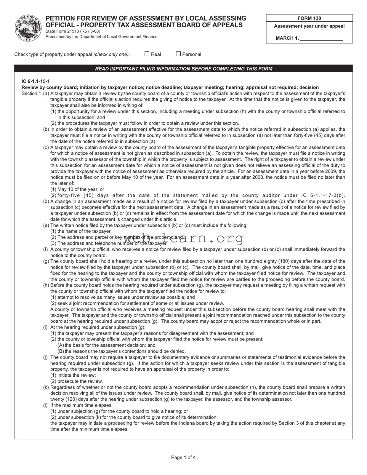 Blank State Of Indiana 130 Short Form