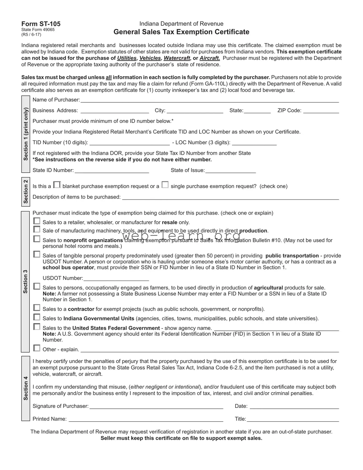 Blank St 105 Indiana Form