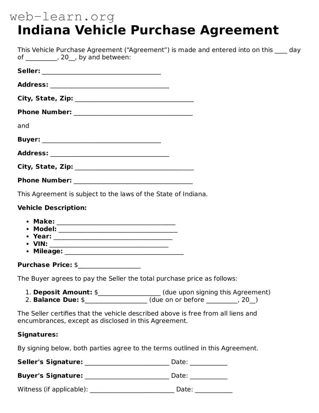 Attorney-Approved Vehicle Purchase Agreement Document for the State of Indiana