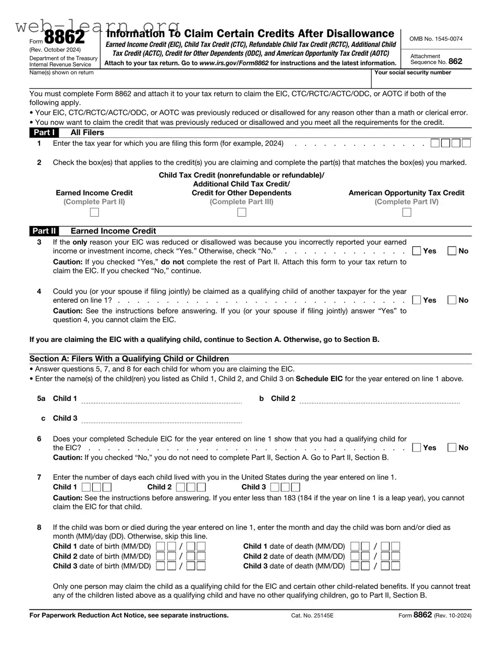 Blank IRS 8862 Form