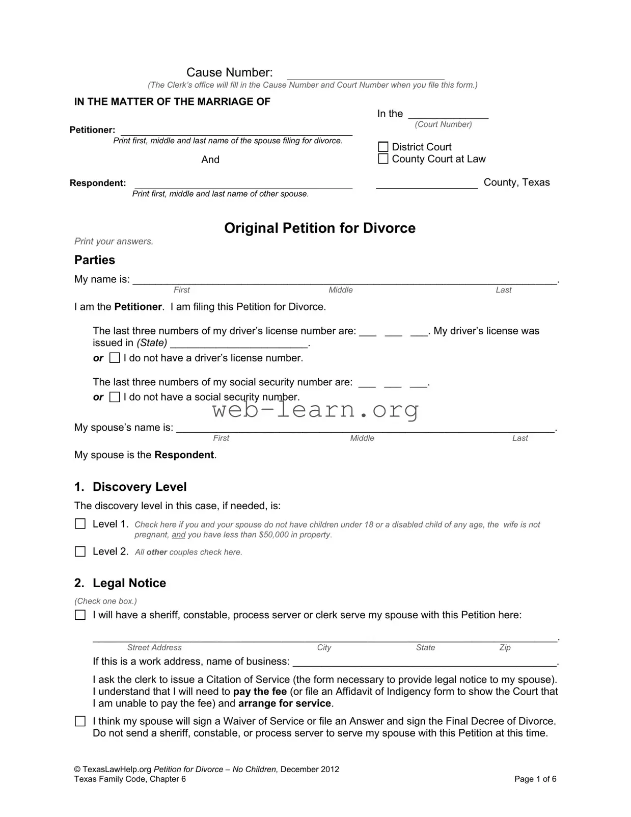 Blank Texas Original Petition Divorce Form
